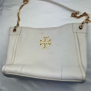 Tory Burch Cream Pebbled Leather Shoulder Bag with Gold Chain